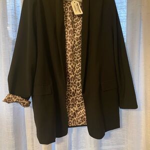 Black Leopard Lined Blazer with Stylish Contrast